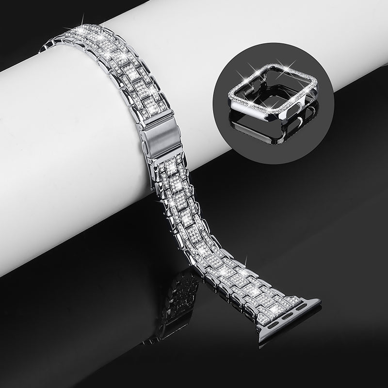 For Apple Watch SE 44mm SE (2022) 44mm Series 4 5 6 44mm 5 Rows Rhinestone Decor Stainless Steel Smart Watch Band with Anti-fall PC Watch Case For Apple Watch SE 44mm SE (2022) 44mm Series 4 5 6 44mm 5 Rows Rhinestone Decor Stainless Steel Smart Watch Band with Anti-fall PC Watch Case